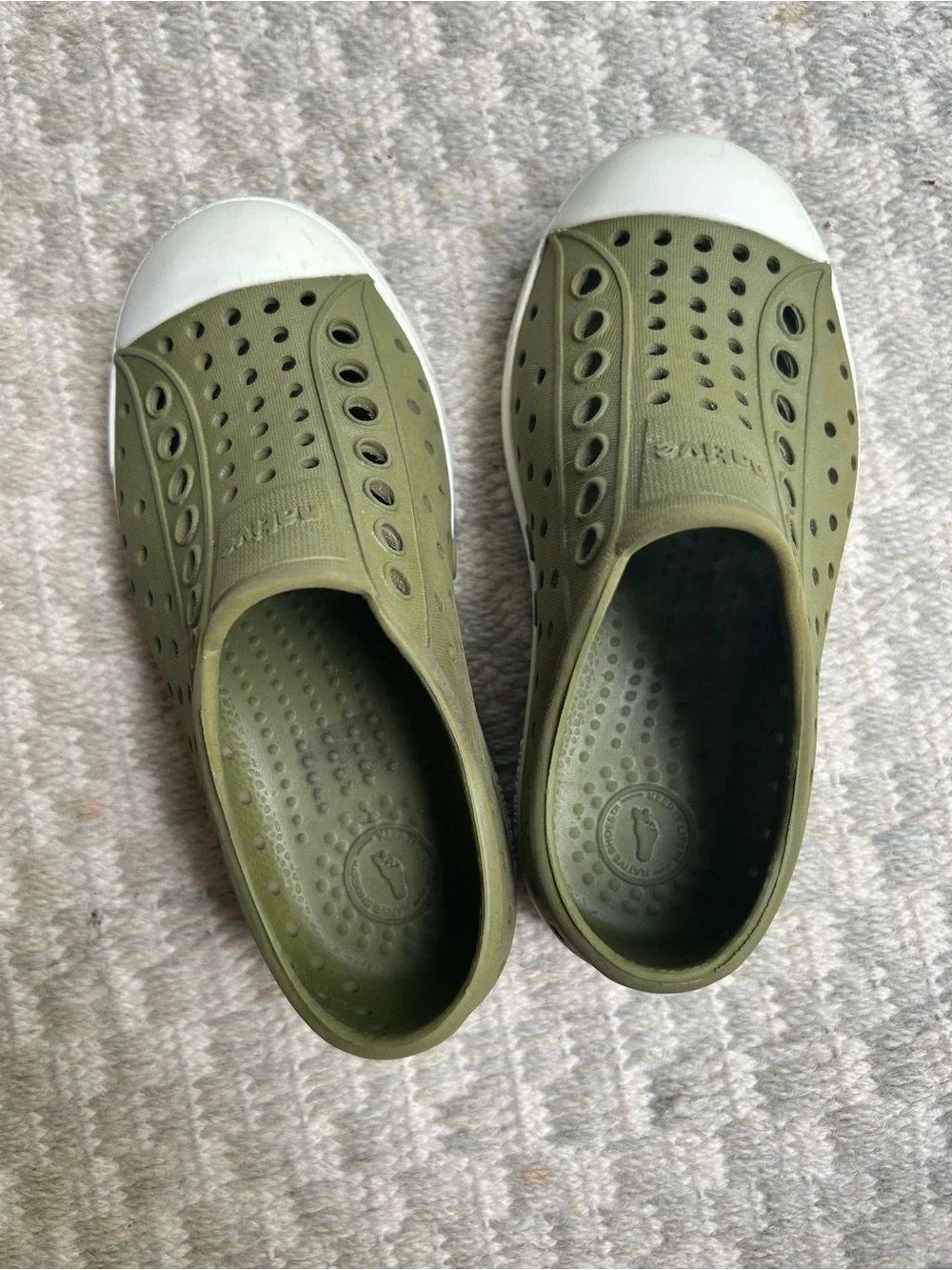Native Kids Slip-On Water Shoes in Olive Green with White Toe Caps